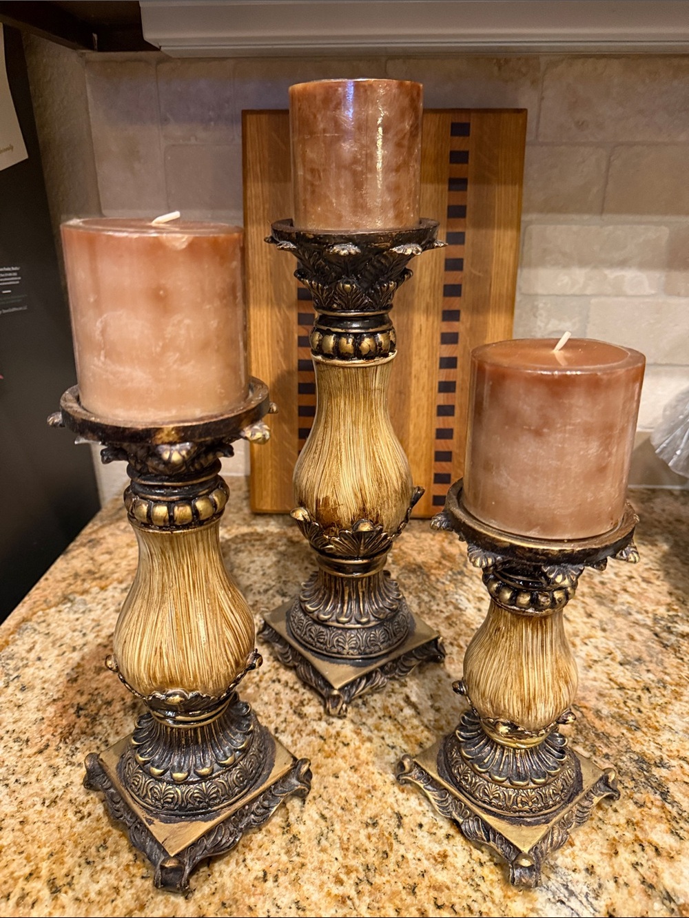 Beautiful Antique Gold Candle Holder Set with Brown Candles - Set of 3